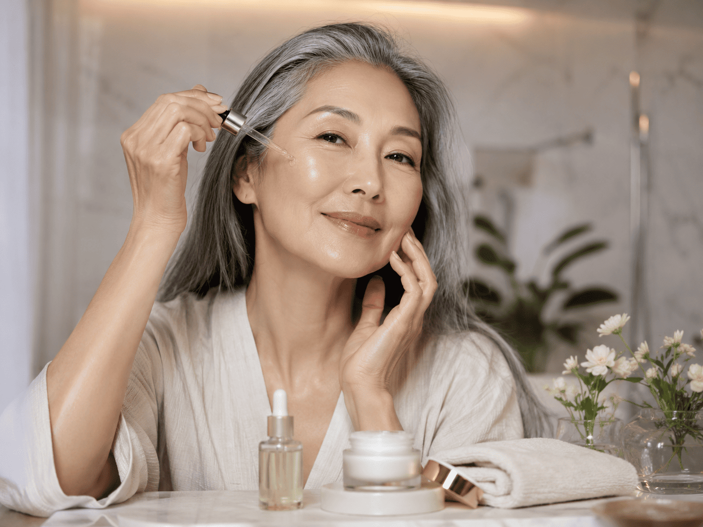 an elder women applying skin repair serum