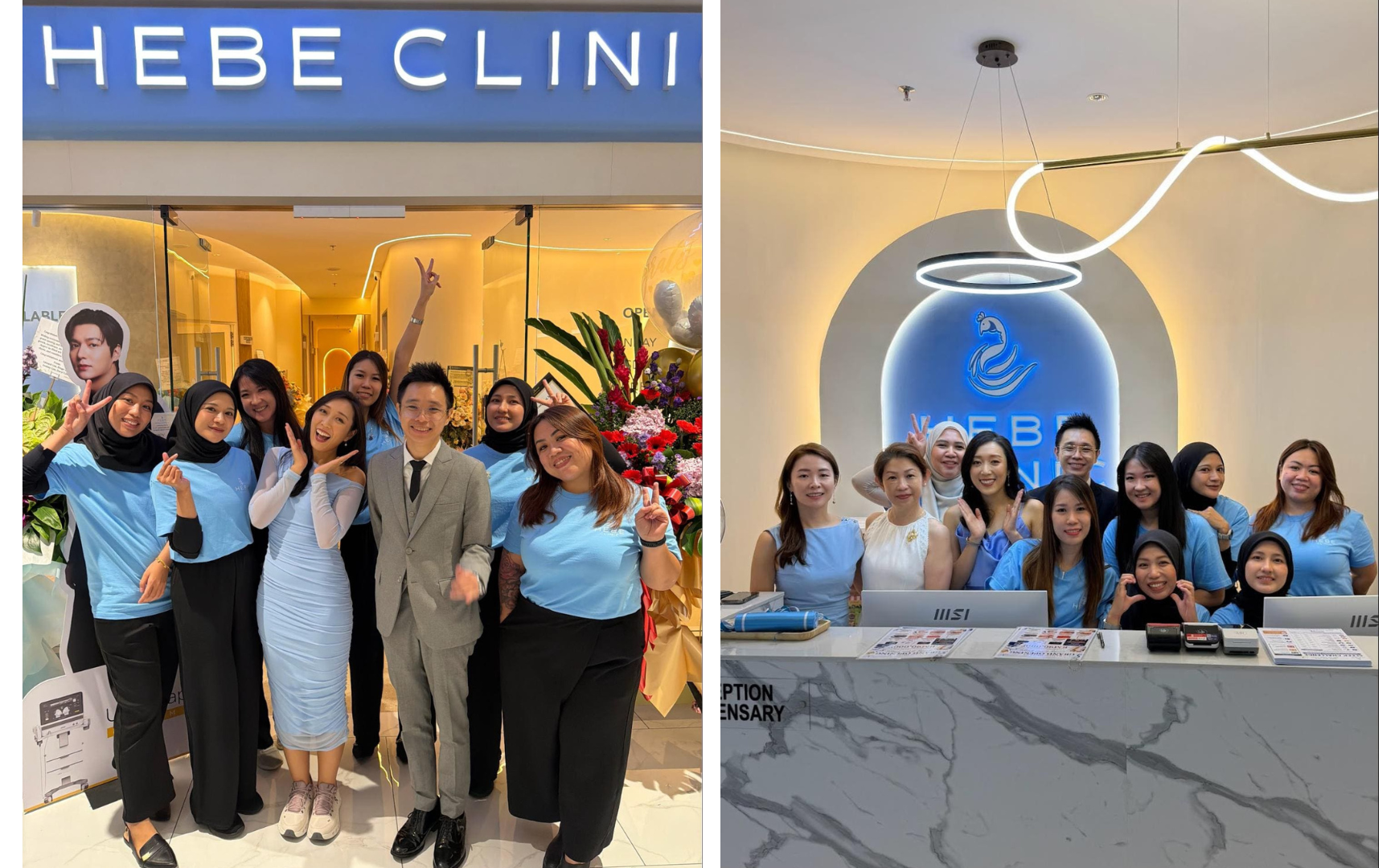 Hebe Clinic team members posing at the storefront and reception counter during the KLGCC branch celebration