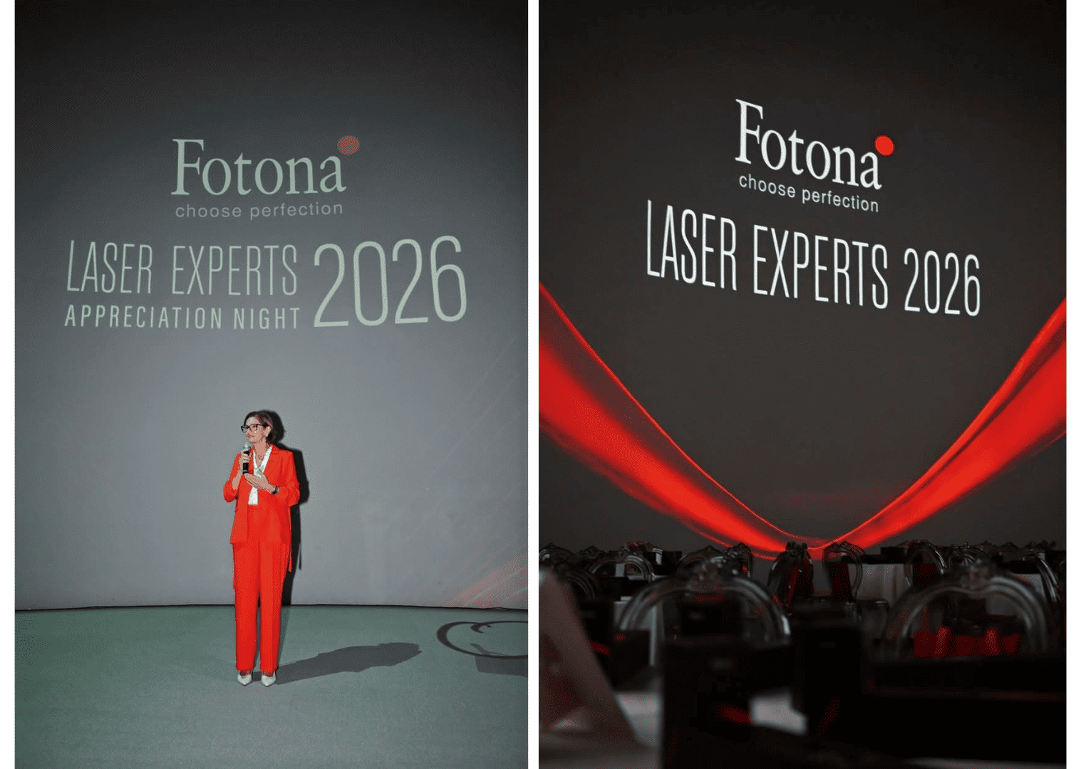 Speaker on stage at the Fotona Laser Experts Appreciation Night 2026, with award trophies displayed in the foreground