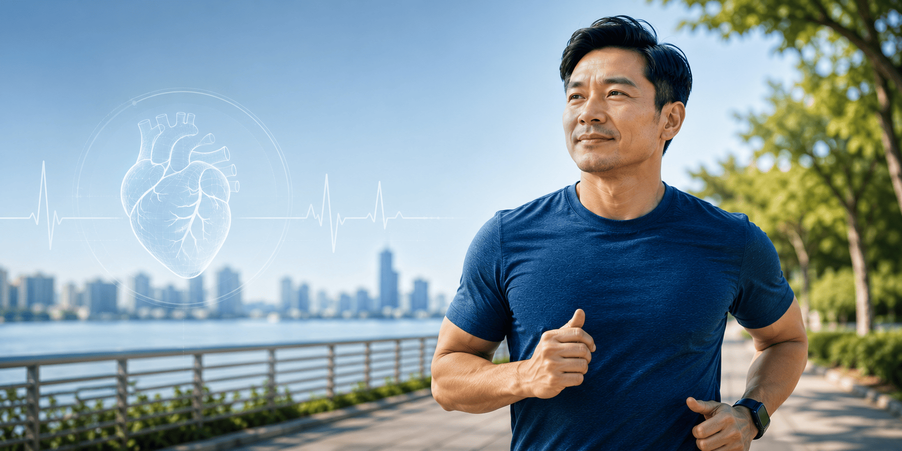 Man jogging along a waterfront path wearing a smartwatch, with a heart icon and heartbeat line graphic overlaid, symbolizing cardiovascular health