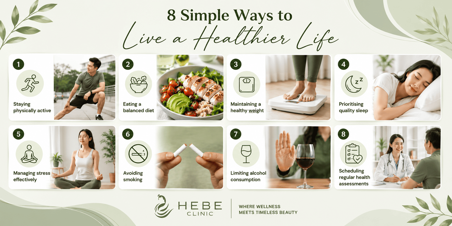 A tip-sheet graphic lists "8 Simple Ways to Live a Healthier Life," with photo icons for things like eating well, avoiding smoking, and limiting alcohol