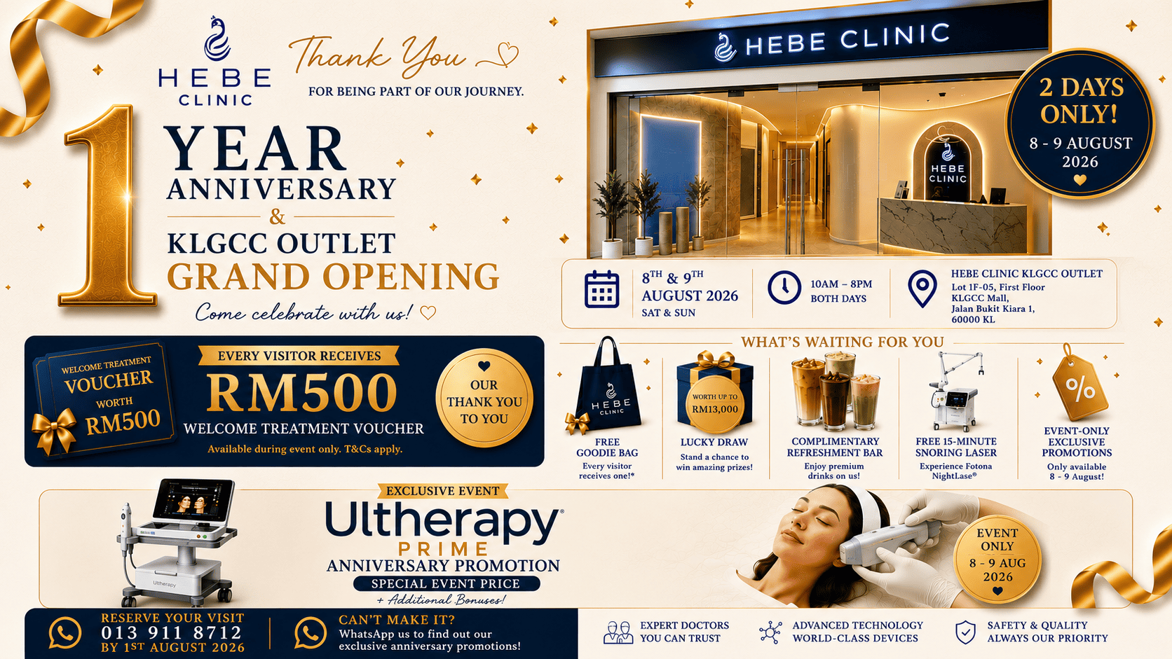 Promotional poster for Hebe Clinic's 1st Anniversary and KLGCC outlet grand opening event