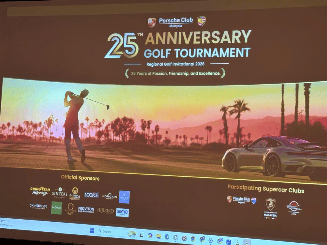 Porsche Club Malaysia's 25th Anniversary Golf Tournament slide, listing Hebe Clinic as a sponsor