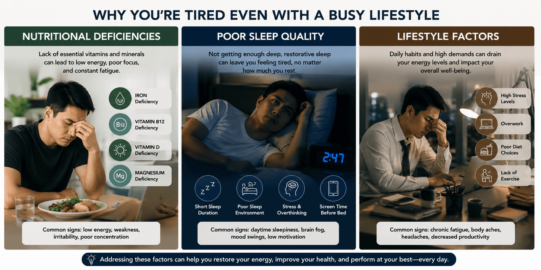 An infographic explains why people feel tired despite a busy lifestyle, breaking it into three causes: nutritional deficiencies (iron, B12, vitamin D, magnesium), poor sleep quality, and lifestyle factors like stress and overwork, each shown with a tired man and related icons