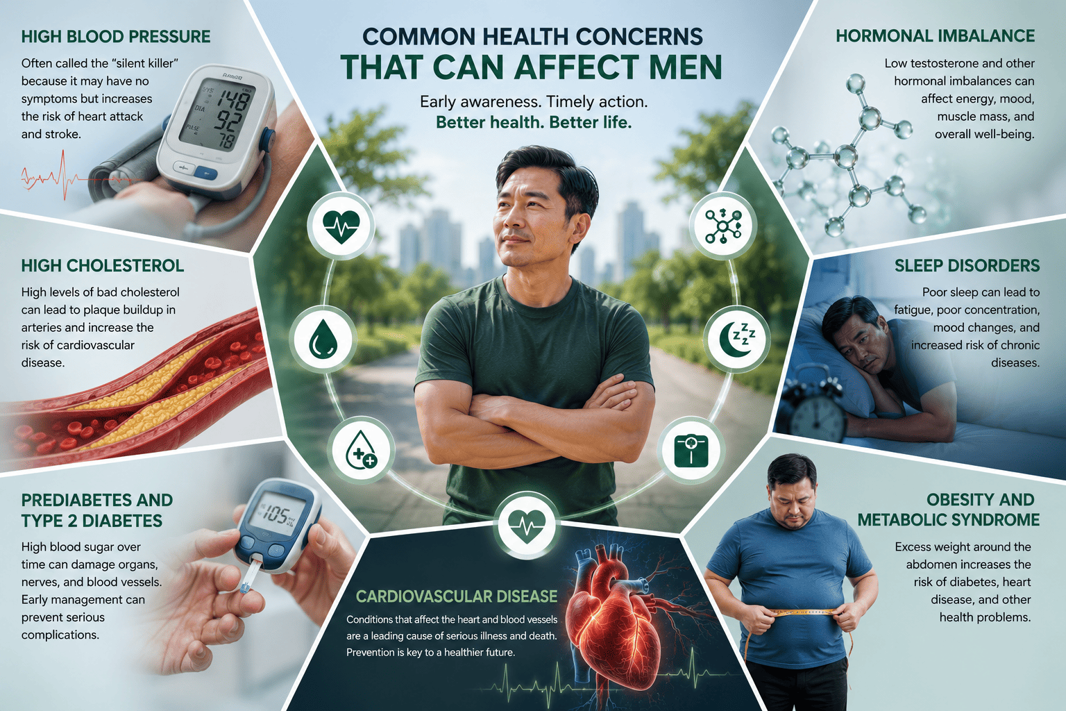 A honeycomb infographic wraps around a man with arms crossed, highlighting men's health risks like blood pressure, cholesterol, and cardiovascular disease