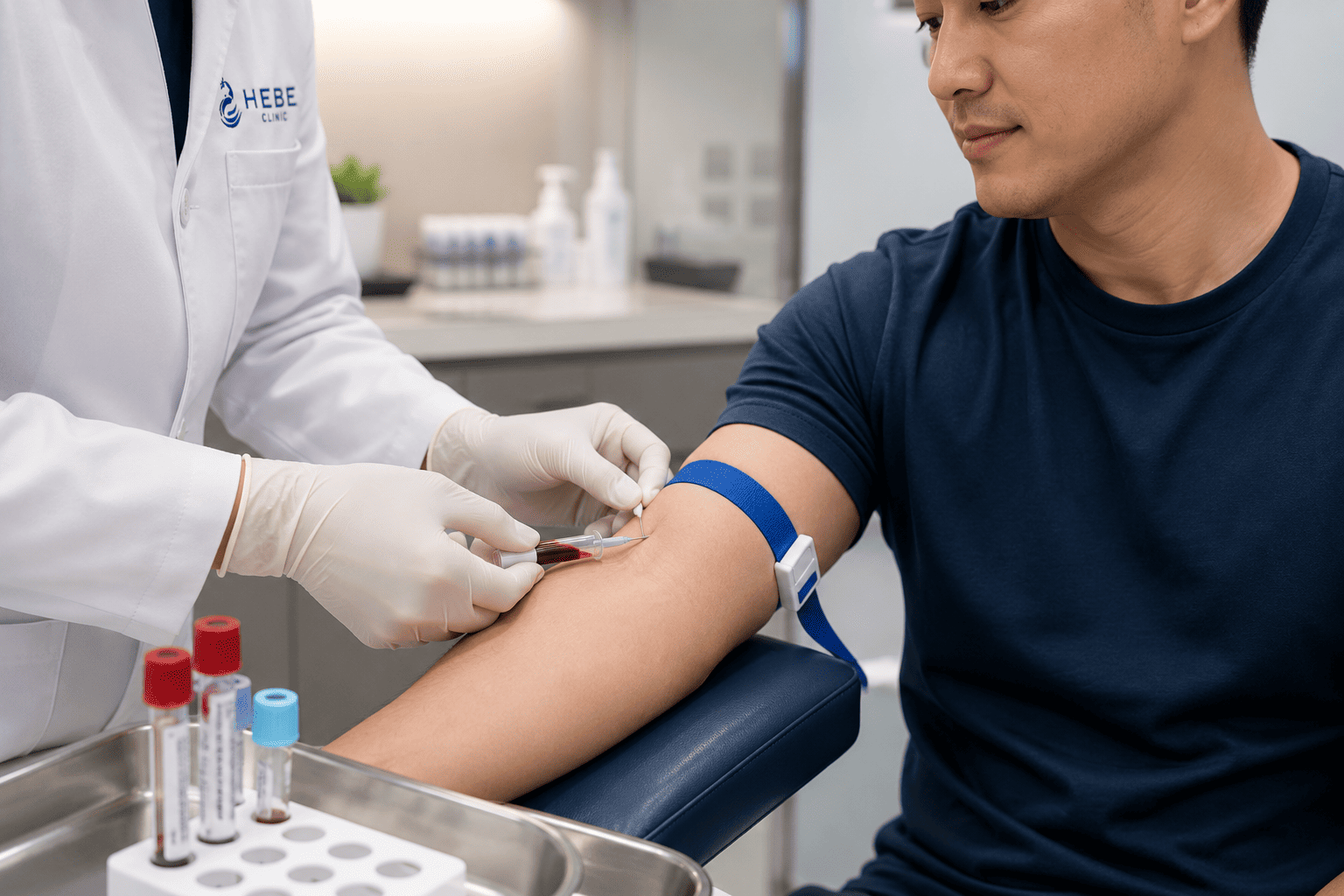 A doctor drawing blood from a male patient's arm as part of the PRP therapy process