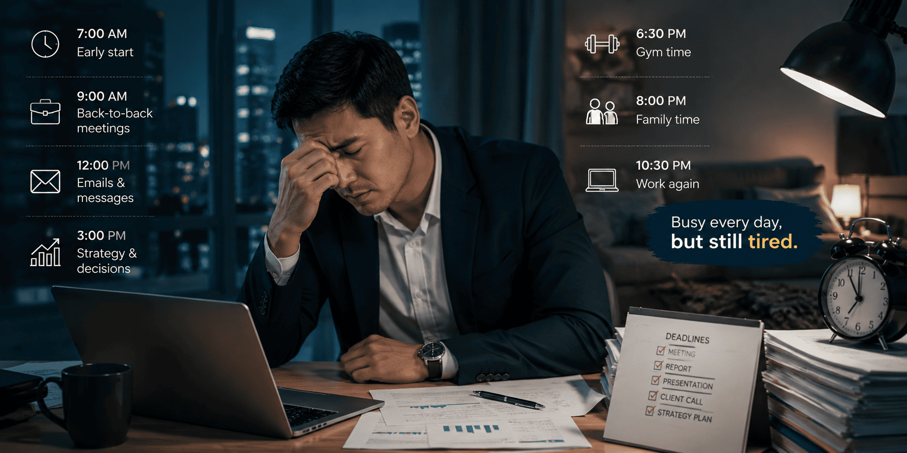 A tired businessman sits at his desk late at night, holding his head in exhaustion, surrounded by his packed daily schedule and a stack of deadlines, with the message "Busy every day, but still tired.