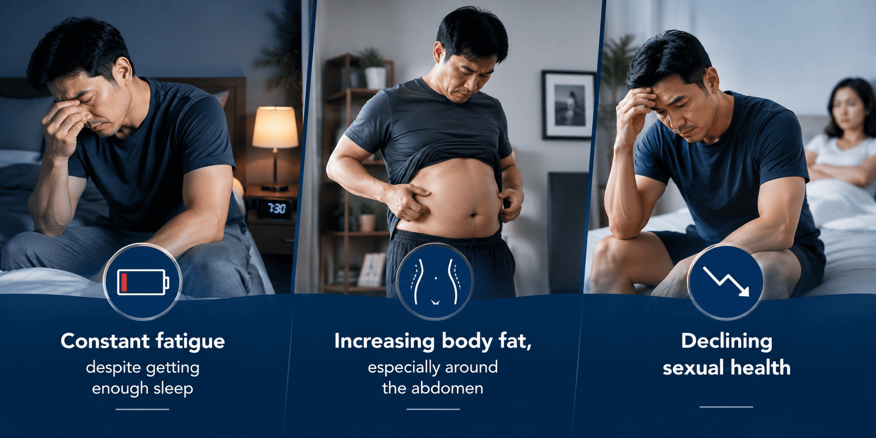 Three panel infographic showing warning signs of declining men's health: constant fatigue despite enough sleep, increasing body fat around the abdomen, and declining sexual health, each paired with a photo of a man and an icon