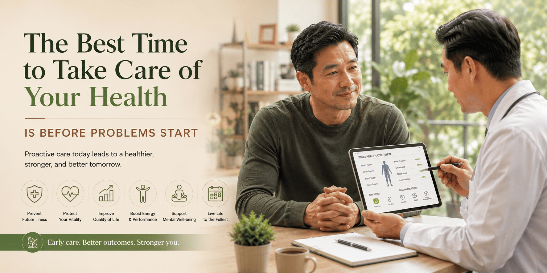 A man smiles at a tablet during what looks like a telehealth chat, next to a "Time to Take Care of Your Health" message