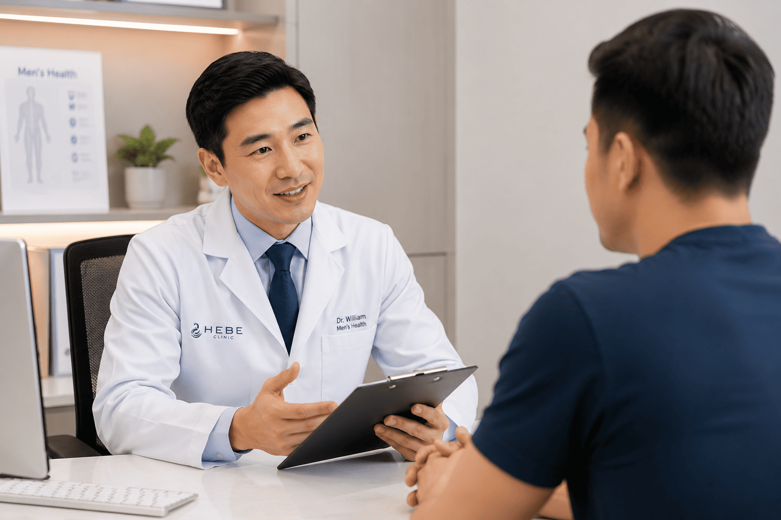 A doctor in a white coat discussing a treatment plan with a male patient during a consultation at Hebe Clinic
