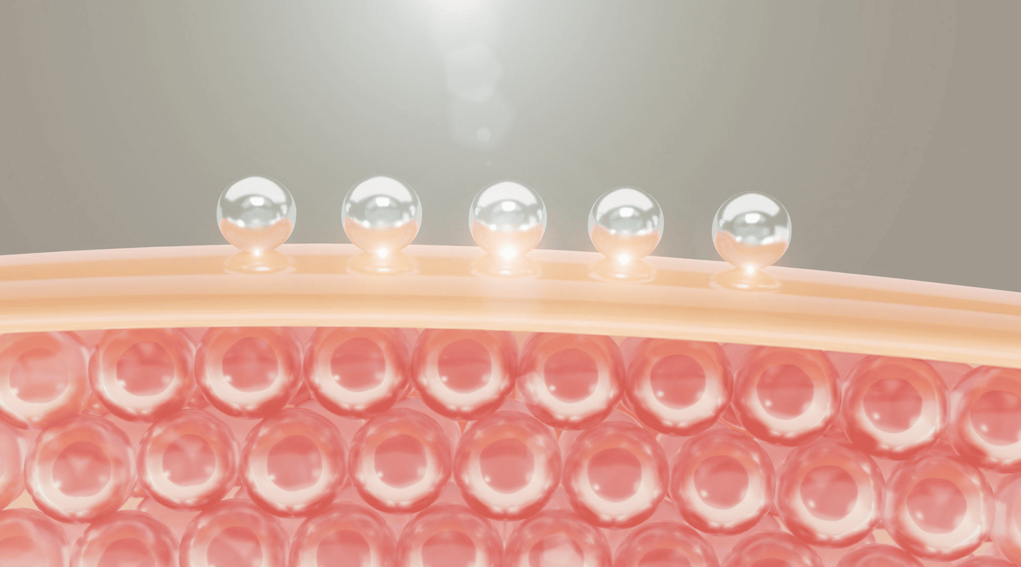 Water droplets resting on a translucent skin barrier above rows of lipid cells, representing skin barrier repair