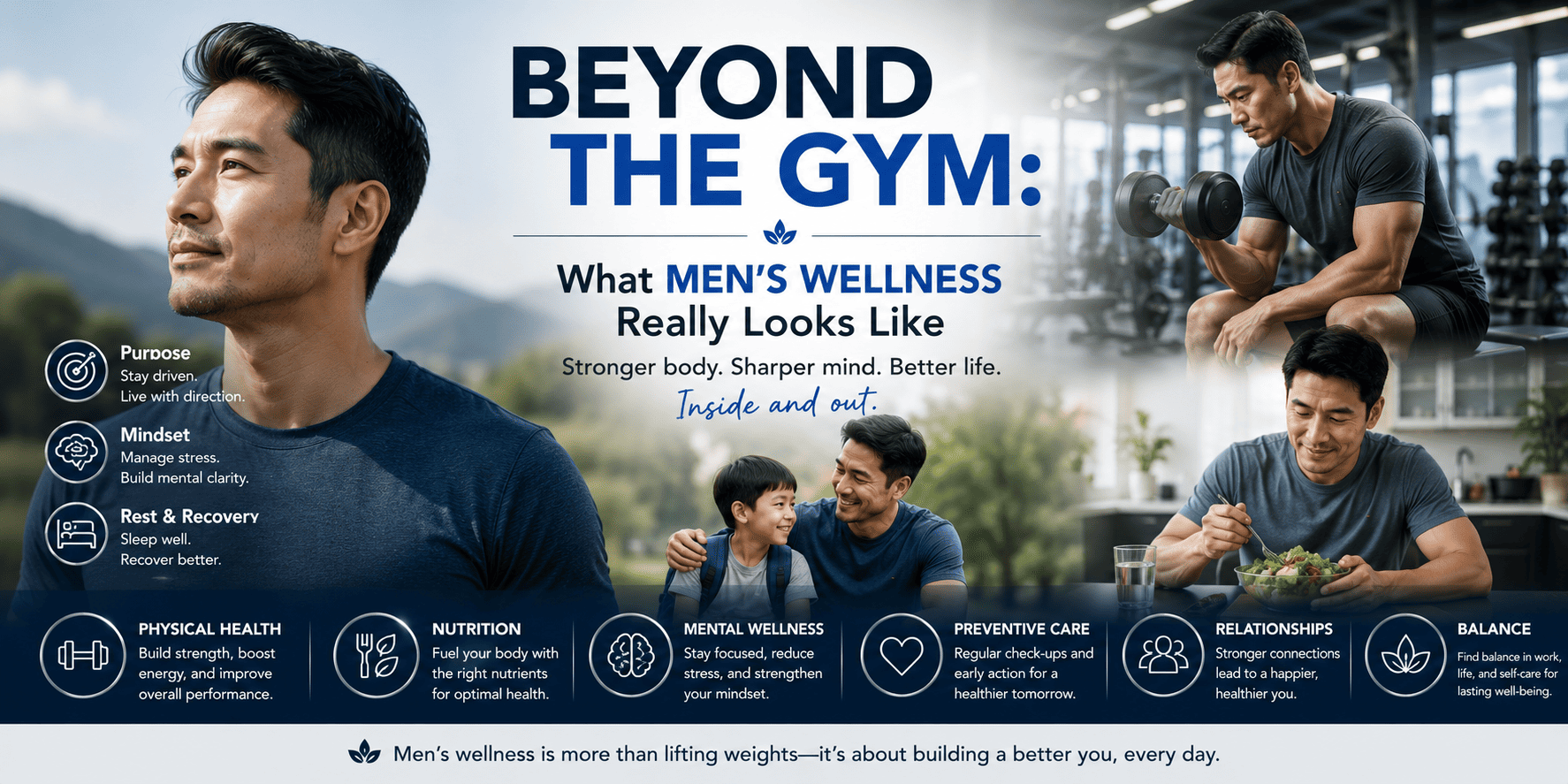 Beyond the Gym" infographic banner covering six pillars of men's wellness: physical health, nutrition, mental wellness, preventive care, relationships, and balance, with photos of a man exercising, eating healthy, and spending time with his son