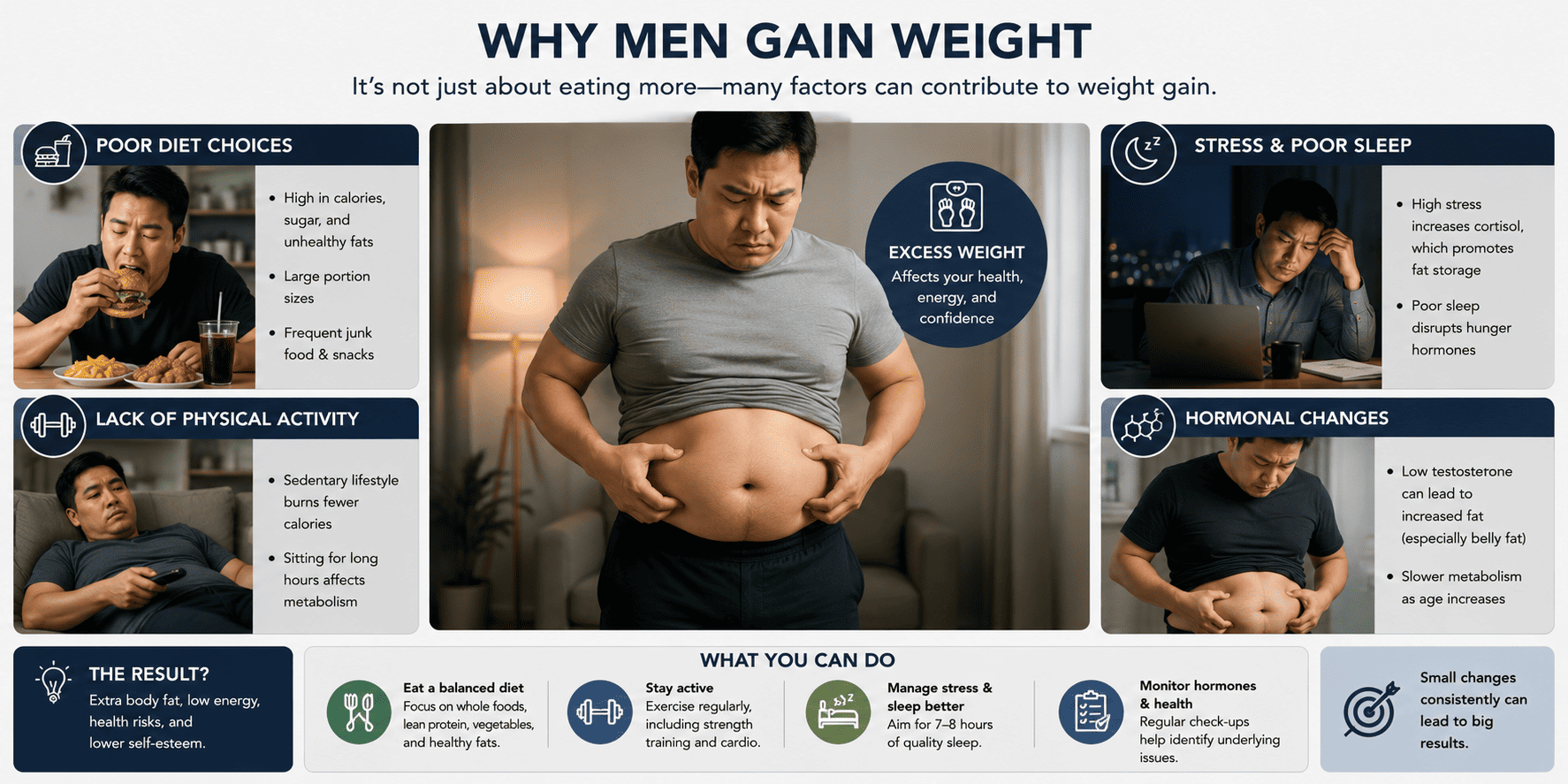 An infographic explains why men gain weight, covering poor diet, lack of physical activity, stress/poor sleep, and hormonal changes, with a central image of a man holding his stomach and tips on what to do about it