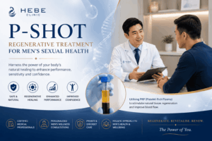 A Hebe Clinic ad for their "P-Shot" PRP treatment for men's sexual health, featuring a doctor and patient consultation, a vial of blood plasma, benefit icons, and the tagline "The Power of You"