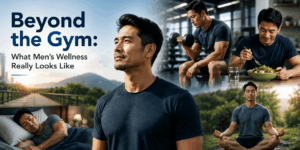 A man shown lifting weights, eating healthy, meditating, and sleeping — illustrating "Beyond the Gym: What Men's Wellness Really Looks Like