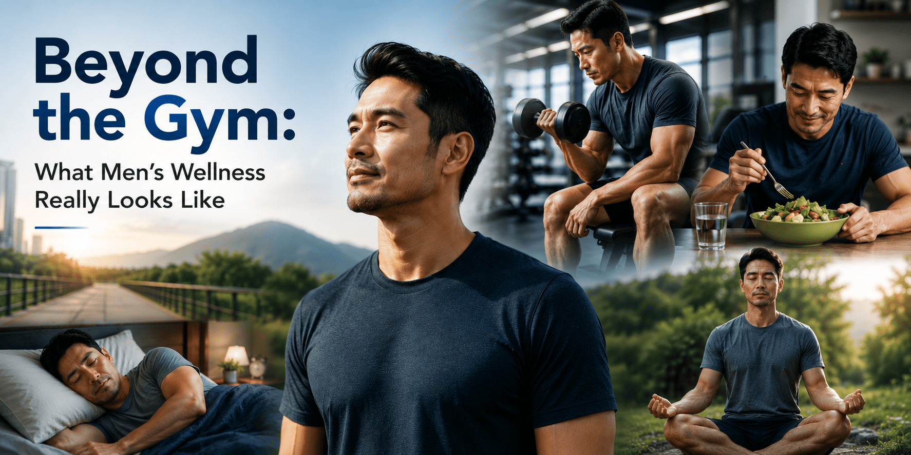 A man shown lifting weights, eating healthy, meditating, and sleeping — illustrating "Beyond the Gym: What Men's Wellness Really Looks Like