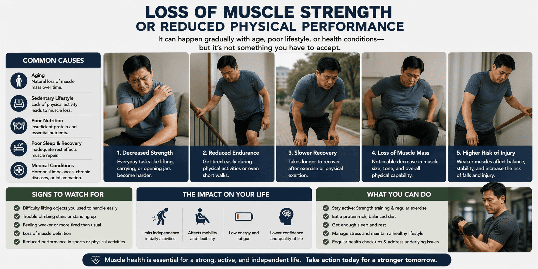 An infographic on loss of muscle strength shows a man in five stages, decreased strength, reduced endurance, slower recovery, muscle loss, and higher injury risk, along with causes, signs, impact, and recommended actions