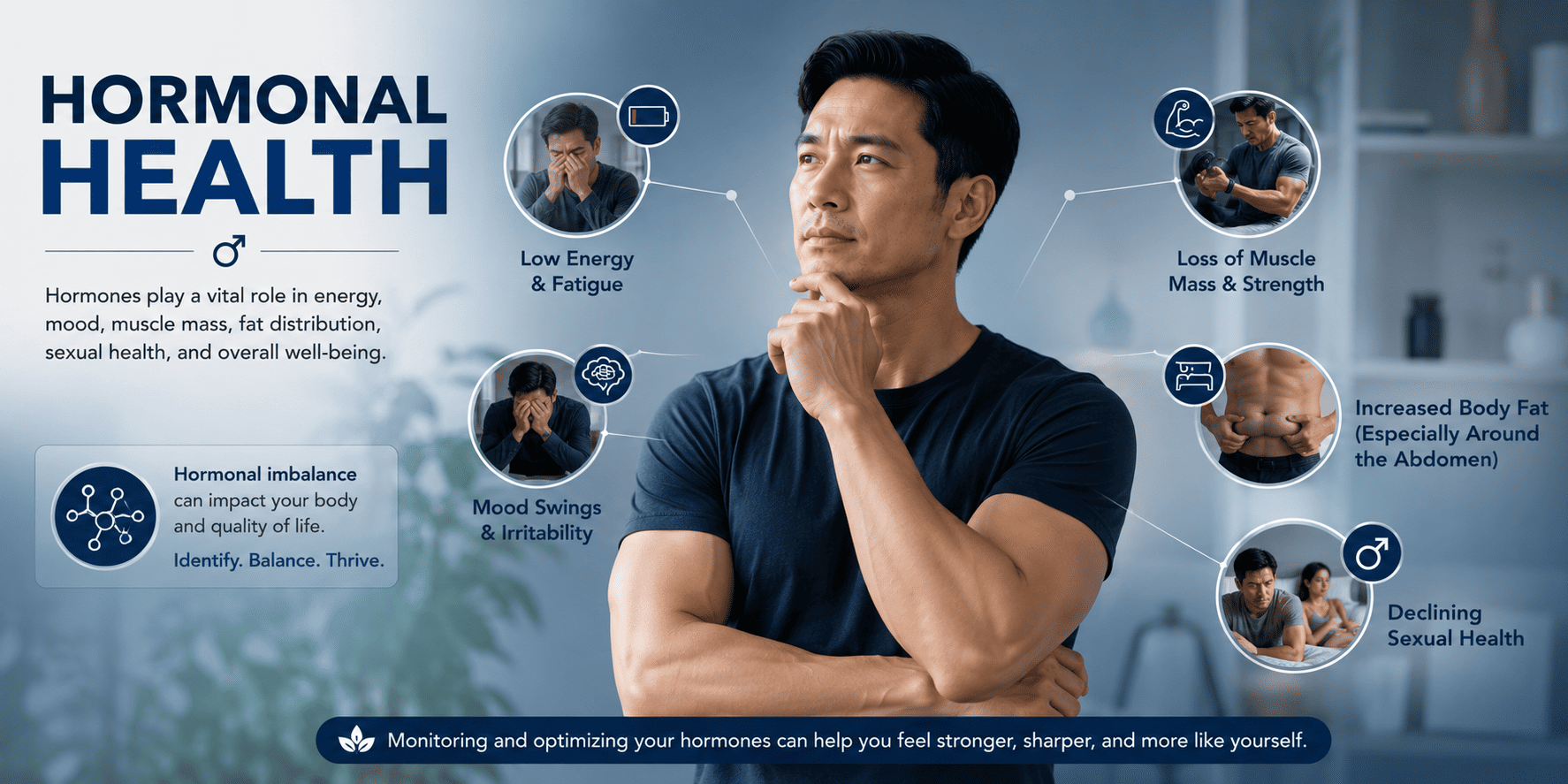 Infographic on hormonal health signs, low energy, mood swings, muscle loss, weight gain, and declining sexual health, around a thoughtful man's portrait