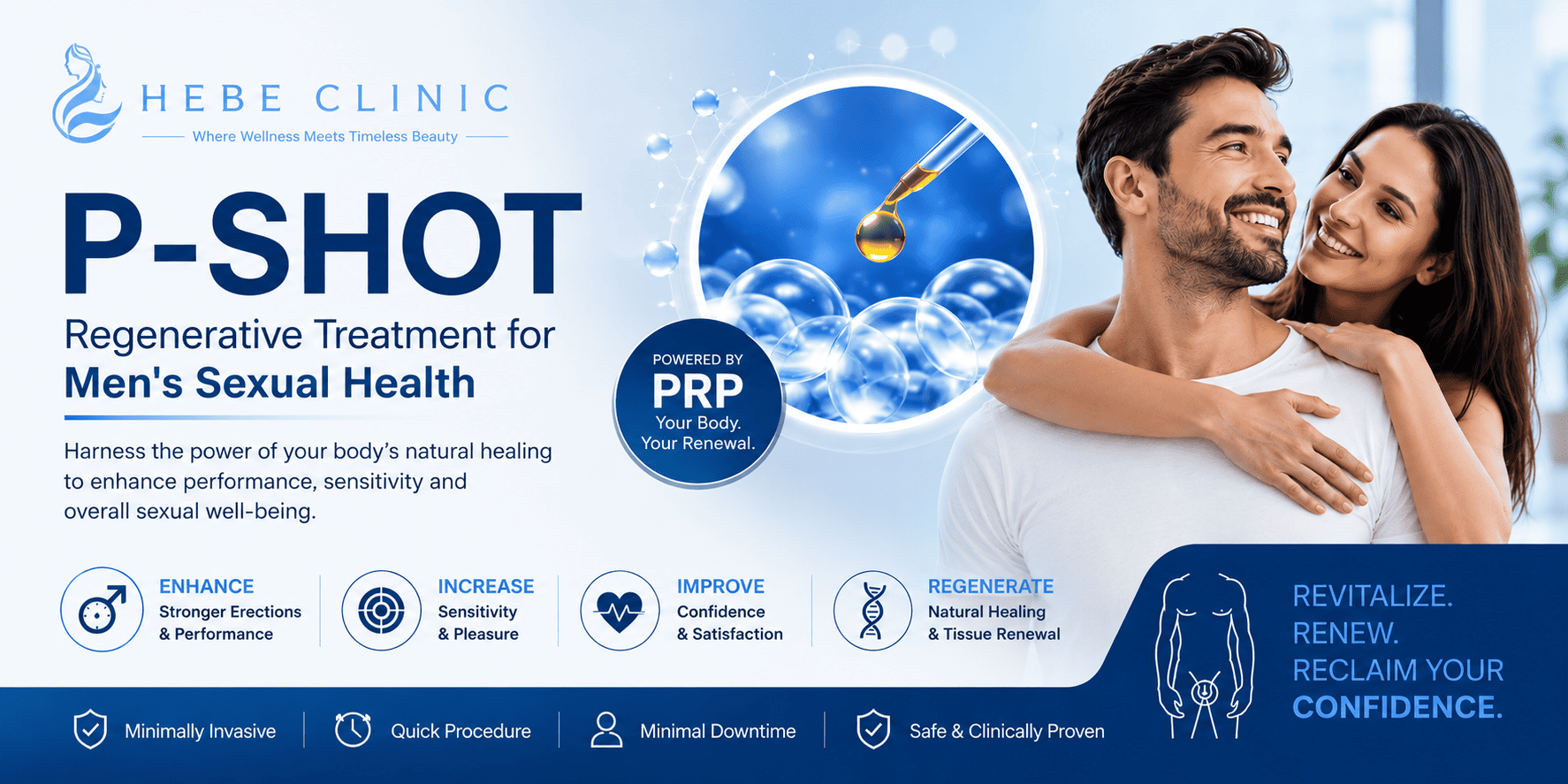 A promotional banner for Hebe Clinic's P-Shot treatment, showing a happy couple embracing with icons highlighting benefits such as improved performance, sensitivity, confidence, and natural healing through PRP therapy