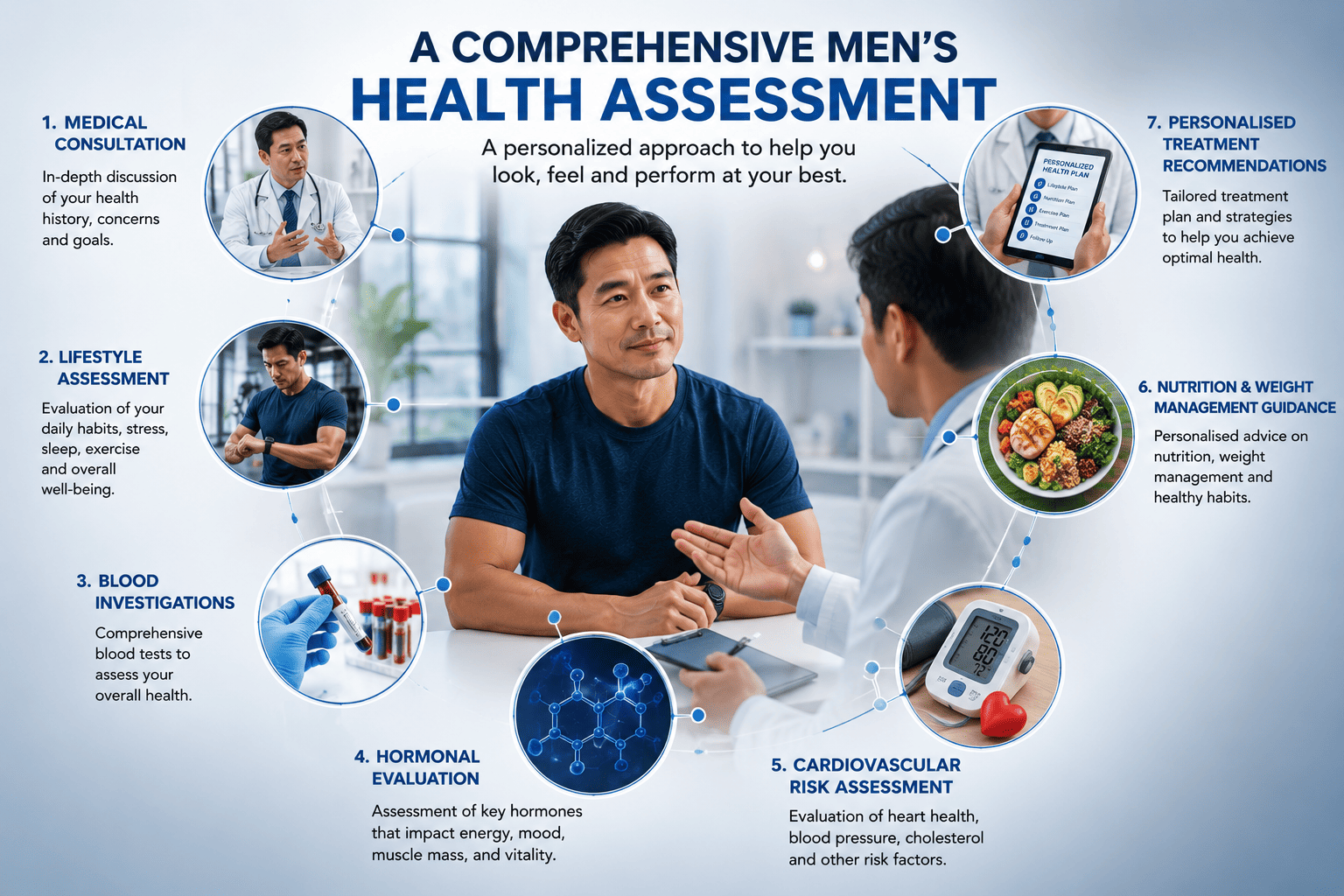 A step-by-step men's health assessment covering consultation, lifestyle, bloodwork, hormones, heart health, nutrition, and a personalised treatment plan